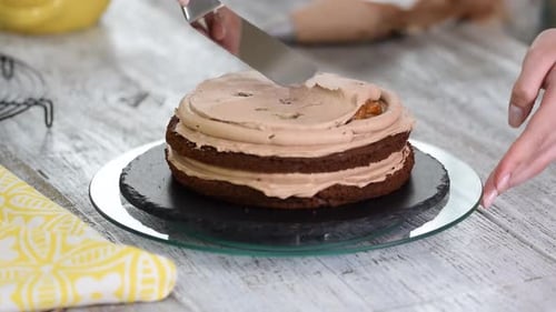 Process of cooking chocolate sponge cake. Step by step assembly chocolate cake.