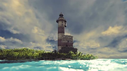 Tropical Island Lighthouse Scene with Moving Clouds and Ocean