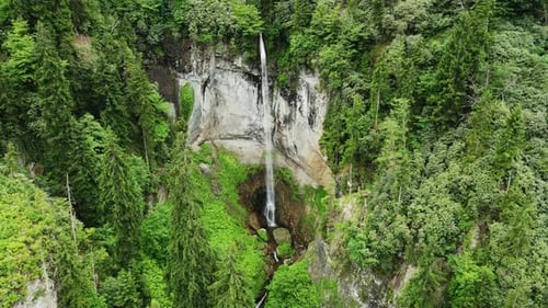 Nature Mountains Waterfall in Green Forest Morning Magical Aerial Landscape