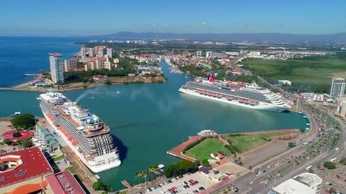 Aerial View of Cruise Ships in a Coastal City