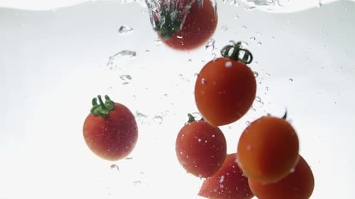 Ripe Plum Tomatoes Falling into Clear Water