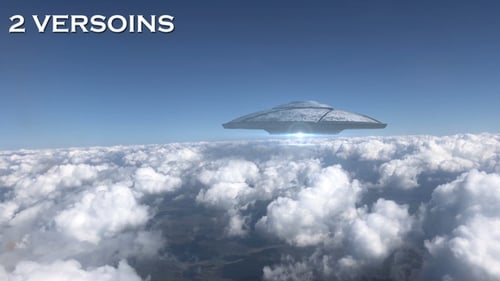 Futuristic UFO Alien Spaceship Hovers Above Clouds in Blue Sky