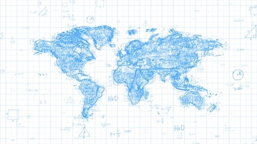 Sketch World Map Animation with Scientific Formulas on Grid Paper