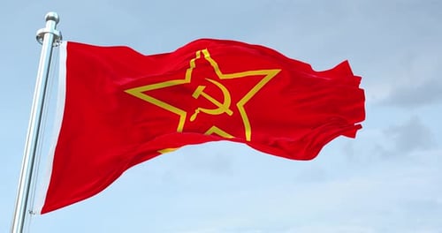 Realistic Waving Communist Flag Against Blue Sky Background
