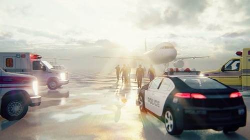 Business Travelers and Emergency Vehicles at Airport Tarmac