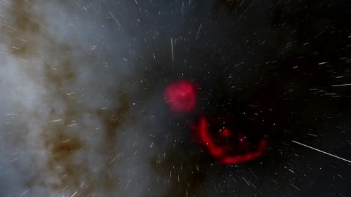 Survoler une nébuleuse rouge avec la Voie lactée en arrière-plan
