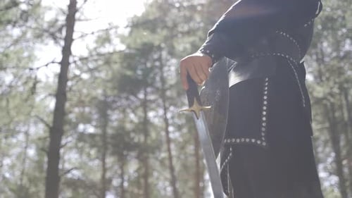 Medieval Knight Holding Sword in Forest Sunlight