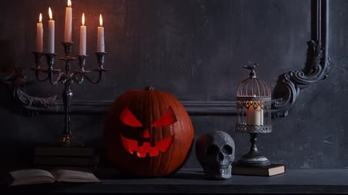 Spooky Halloween Still Life with Pumpkin and Skull
