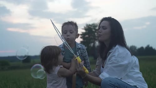 Woman and Children Making Bubbles in Grassy Meadow