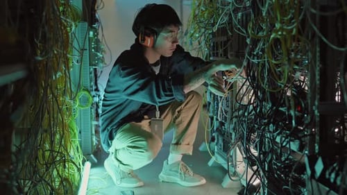 Male Asian System Administrator Fixing Server Wires