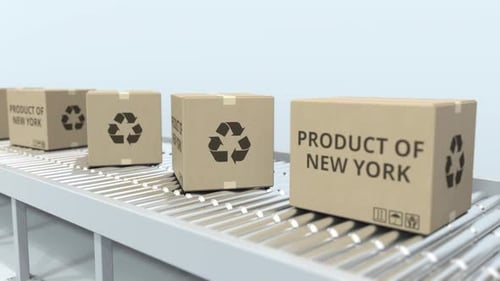 Boxes with PRODUCT OF NEW YORK Text on Conveyor