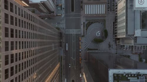 AERIAL: Breathtaking Overhead Birds Eye View of Downtown Los Angeles California in Beautiful Sunset