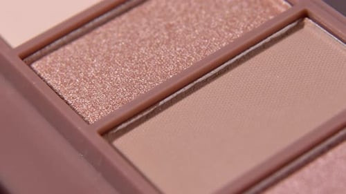 Eyeshadow palette natural shades for makeup close up. Camera moving bottom to up