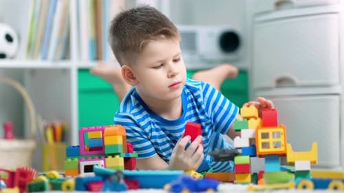 Fair-Haired Boy Plays With Colorful Building Blocks