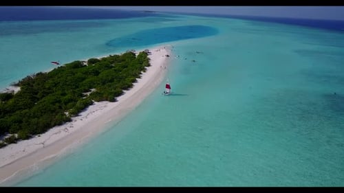 Aerial above panorama of relaxing island beach holiday by shallow lagoon with white sand background