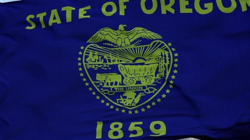 Waving State of Oregon Flag against a Cloudy Sky