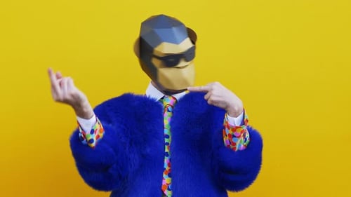 Costumed Gorilla Dancing Against Bright Yellow Background
