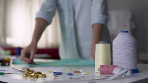 Girl Designer Measuring Size of Fabric, Workflow in Workshop, Inspiration