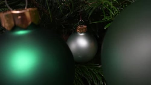 Christmas Tree Ornaments on Tree Close Up