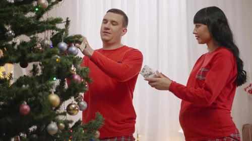 Portrait of Excited Caucasian Man Receiving Christmas Present From Pregnant Woman on New Year's Eve