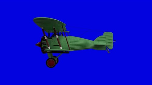 Animated propeller biplane airplane. Side view. Realistic physics animation. Blue screen footage
