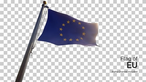 European Union Flag Waving on Flagpole with Transparent Background