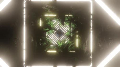 Abstract Tunnel With Glowing Geometric Squares And Green Foliage