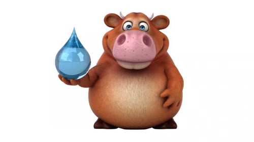 Animated 3D Cartoon Cow Character with Water Droplet and Explaining Gesture