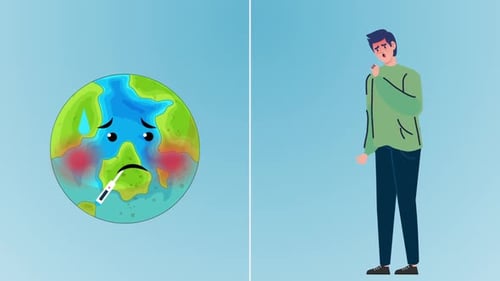 Sick Earth and Person with Fever Cartoon