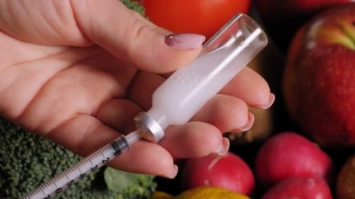 Diabetic Woman Dialling Insulin Into a Syringe on the Background of Fresh Fruits