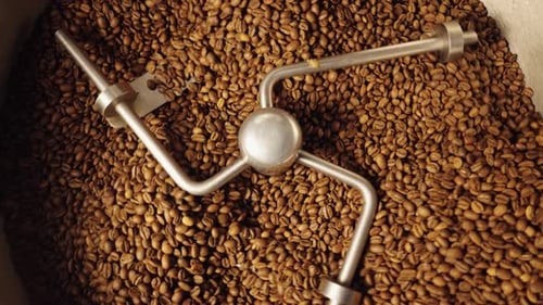 Top View of Industrial Mixing Machine Mixes Roasted Coffee Beans in Roaster Close Up