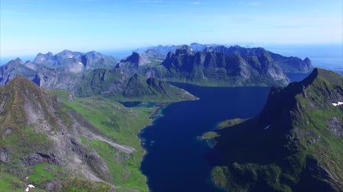 Reinefjorden on Lofoten islands in Norway, aerial