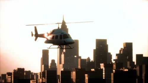 Silhouette Helicopter at City Scape Background