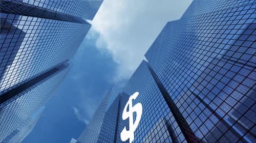 tall buildings with mirrored windows in the business district. there is a dollar sign.