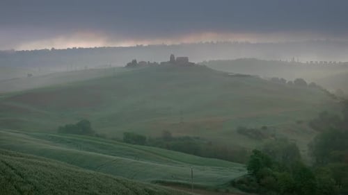 Tuscany at Sunrise with Farm House and Hills