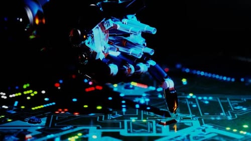 Futuristic AI Robot Hand Working on Glowing Circuit Board
