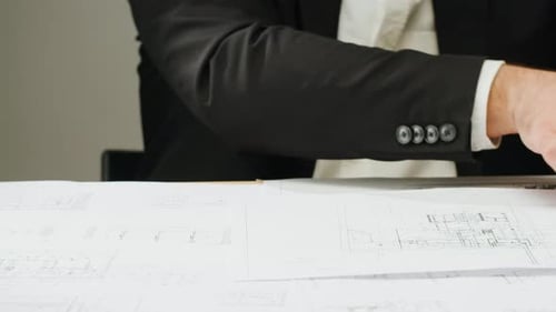 Architect Man Drawing Plan Blueprint Closeup