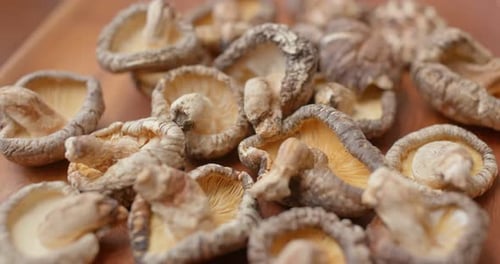 Close Up of Dried Shiitake Mushrooms on Wood