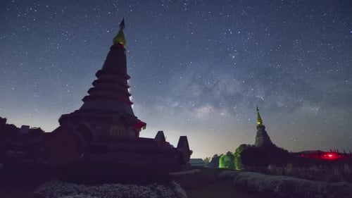 Milky Way Galaxy moving over a sacred temple at Doi Inthanon National Park