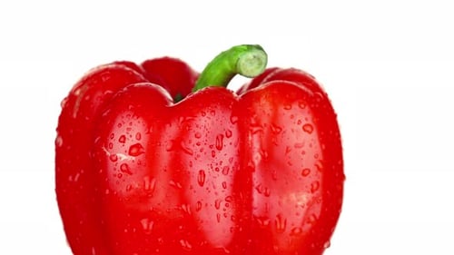 Tasty Bell Pepper with Green Stem Covered with Water Drops