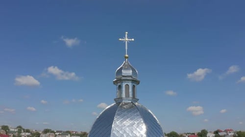 Dome of church, Aerial view, Traditional old church in Ukraine small village, Blue sky background