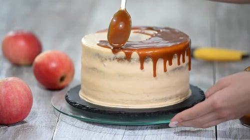 Caramel Icing Drizzled on Round Desert Cake