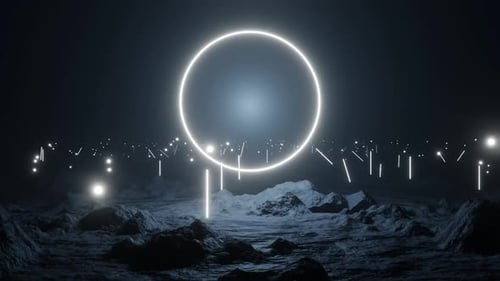 Futuristic Neon Light Beams and Circle on Alien Landscape
