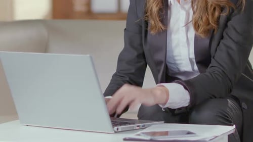 Woman Working On Laptop In Sophisticated Home Setting