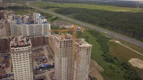Aerial Day Fly Over Under Construction New Modern Building Work Builders and Technicals