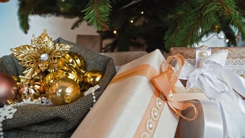 Close Up of Christmas Gift Box and Decoration