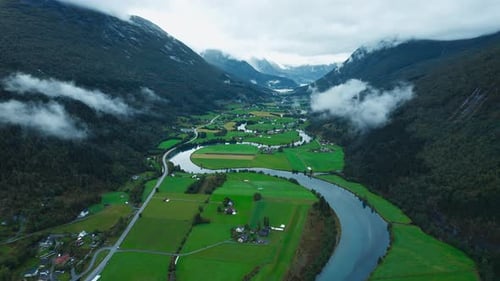 Aerial View on Epic Norway Lands River Village