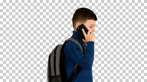 Schoolboy with a backpack talking on the, Alpha Channel