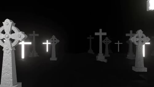 Dark Graveyard Scene with Glowing Crosses and Tombstones