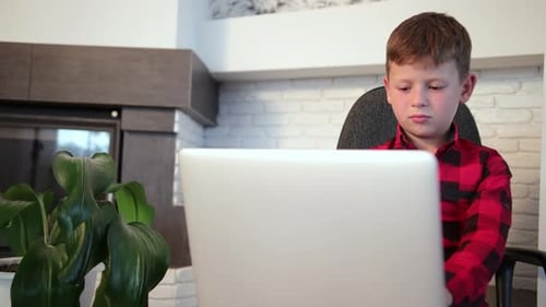 Young Boy Works on Laptop at Home